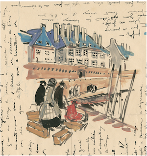 fac-similé d'une lettre de Mathurin Méheut. Détail, vues de St Malo (1926)