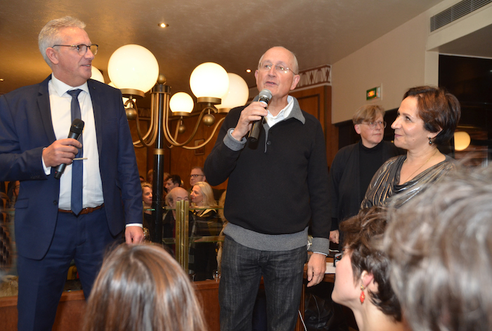 Photo de Philippe Deana, Philippe Wahl et Marie-Rose Guarnieri. Discours de Philippe Wahl lors de la soirée Prix Wepler Fondation La Poste 2019