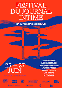 Affiche du festival du journal intime (vagues bleues sur fond rouge)