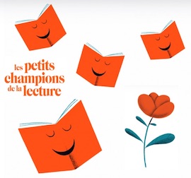 visuel avec des fleurs et des livres dessinés et le logo des Petits champions de la lecture