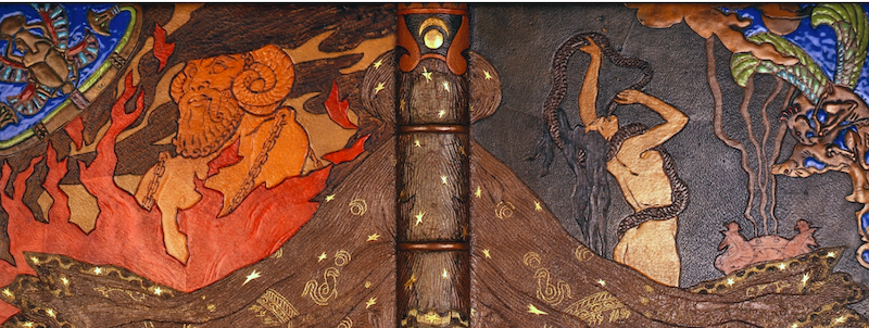 Visuel pour expo :  reliure pour Salammbô de Gustave Flaubert, 1893, mosaïque de cuirs incisés, pyrogravés, dorés et émaux cloisonnés.