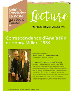 visuel de la lecture spectacle au Studio Raspail : Correspondance Anais Nin et Henry Miller