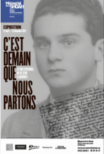 Affiche de l'exposition c'est déjà demain que nous partons, visage d'un jeune garçon et une lettre. Mémorial de la Shoah