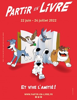 Affiche de la manifestation Partir en livre : un livre ouvert d'où sortent des personnages de bandes dessinées, le chien Idéfix notamment