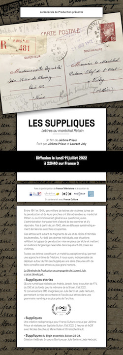 Les Suppliques, visuel avec informations pratiques et texte