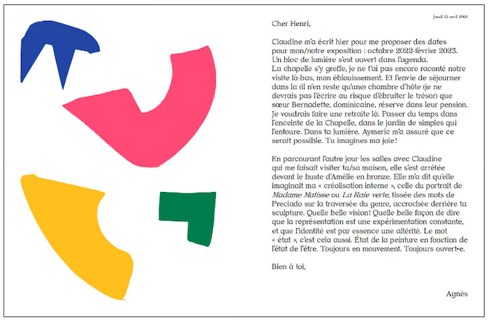 formes colorées sur fond blanc à gauche et lettre adressée à Matisse à droite