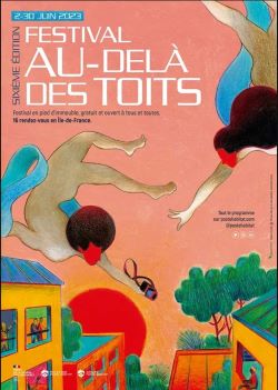 Affiche du festival : dessin en couleur de deux personnages survolant des toits d'immeubles