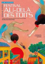 Affiche festival Au-delà des toits : dessin en couleur de toits de maisons et personnages