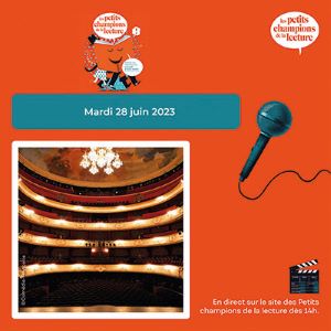 Visuel avec photo salle Richelieu de la  Comédie-Française, micro sur fond orange