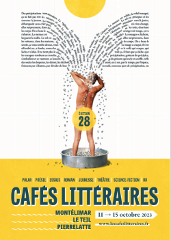 affiche des Cafés littéraires : un homme de dos sous une douche de mots