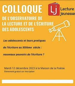 Affiche du colloque fond jaune avec titre en blanc et logo de Lecture jeunesse