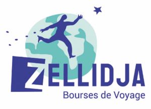 Logo Zellidja avec dessin d'un personnage parcourant le globe terrestre