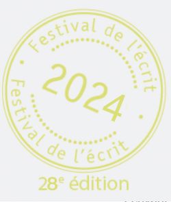 Logo du festival de l'écrit comme un tampon de La Poste où est inscrit au centre2024, 28e édition