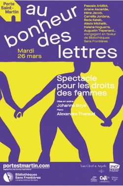 Affiche du spectacle jaune et violet silhouettes qui se tiennent la main