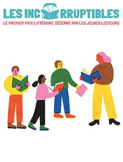 Affiche avec personnages dessinés en couleurs debout tenant des livres