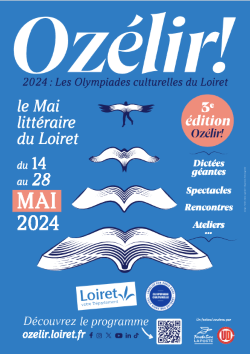 Affiche du festival, fond bleu avec livres blancs ouverts comme des oiseaux qui volent