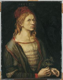 Reproduction d'un autoportrait d'Albrecht Dürer : Portrait de l’artiste tenant un chardon, 1493