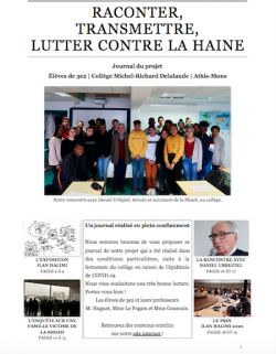 Première page du journal des élèves de 3e Raconter, transmettre, lutter contre la haine