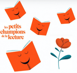 visuel avec une fleur et des livres dessinés et le logo des Petits champions de la lecture
