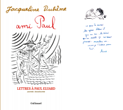 Couverture du livre de Jacqueline Duhême, Lettres à Paul Éluard (manuscrit et dessin sur la couverture blanche)