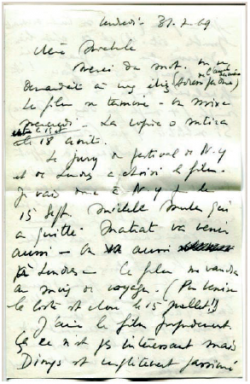 Lettres manuscrite de Marguerite Duras datée de juillet 1969