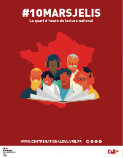 Affiche du 10 mars je lis (rouge avec dessin de la france et de personnages lisant