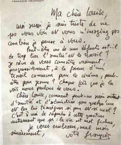 Lettre manuscrite de François Truffaut à Louise de Vimorin