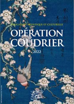 visuel de l'affiche Opération Coudrier, branches de cerisiers japonais et oiseaux sur fond bleu