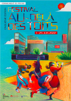 Affiche du festival Au delà des toits : dessin coloré de personnages dansants et immeubles