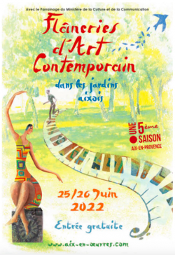 Affiche des Flâneries d'art contemporain : dessin en couleur, personnages et jardins