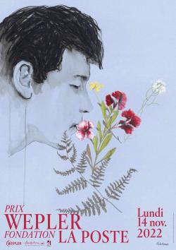 Affiche du Prix Wepler 2022, dessin d'un visage de profil et des fleurs