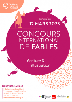 Affiche du concours avec titre et date en lettres blanches sur cercle au fond rose