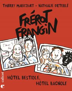 Couverture du livre avec dessins dans deux vignettes sur fond rouge