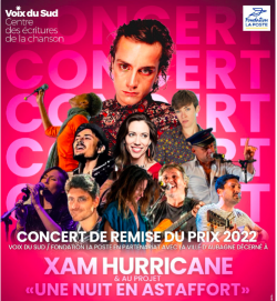 Affiche du concert de Xam Hurricane et de la remise du prix : photo de visages sur fond rose avec le mot concert inscrit en filigrane