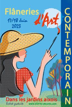 Affiche du festival avec dessin d'une jeune fille de trois quart portant un chapeau de paille sur la tête  et un pinceau dans la main