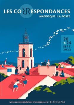 Affiche du festival : dessin en couleur d'un clocher et toits avec personnages assis et pages de livre ou lettres dans le ciel