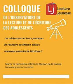 Affiche du colloque, fond jaune avec logo Lecture jeunesse titre du colloque en lettres blanches et description en lettres noires