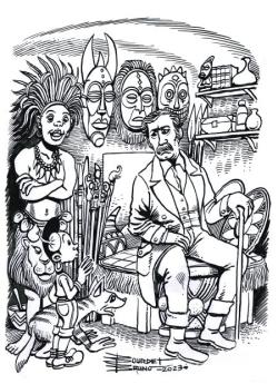 Dessin en noir et blanc de Bruno Bourdet représentant notamment le Docteur Livingstone assis dans sa case