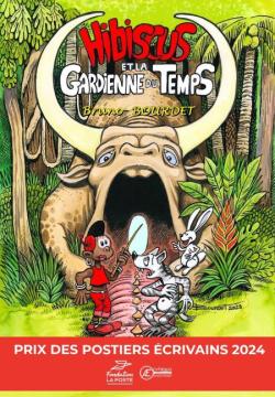 Couverture du livre Hibiscus et la gardienne du temps avec dessin de Bruno Bourdet, grande vache gueule ouverte