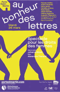 Affiche du spectacle du bonheur des lettres, dessin de silhouettes se donnant la main, jaune et violet