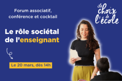 visuel de la conférence le rôle sociétal de l'enseignement. Fond bleu, jeune femme debout tenant des documents