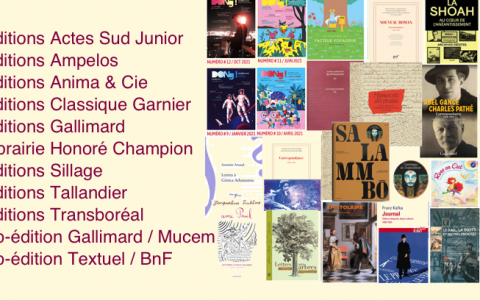 L'ensemble des publication soutenues par la Fondation La Poste én 2021 : couvertures des livres et liste des maisons d'édition