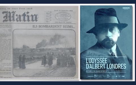 Visuel pour le film L'odyssée d'Albert Londres, affiche avec portrait et journal Le Matin 