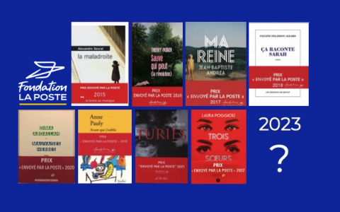 Visuel avec couvertures des livres primés depuis 2015 sur fond bleu
