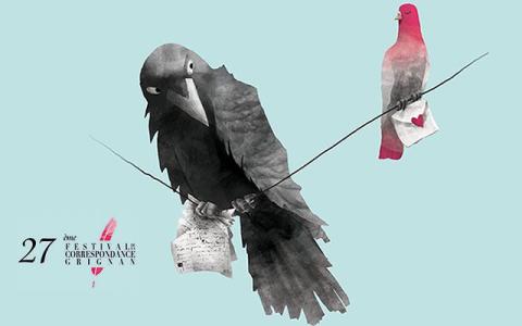 Visuel du festival, oiseaux sur un fil avec courriers dans le bec