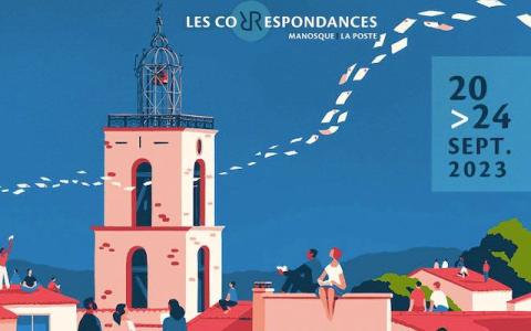 Visuel du festival : dessin couleur clocher et personnages assis sur les toits de maisons, pages de livres dans le ciel
