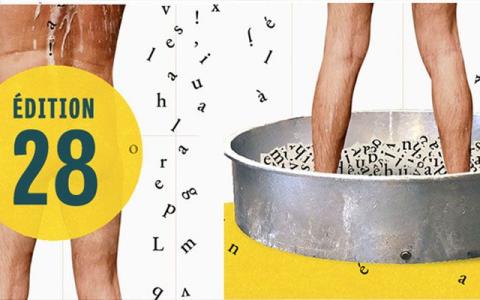 Visuel avec homme de dos prenant une douche de lettres et de mots