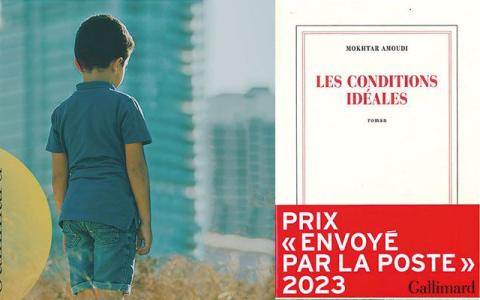 visuel avec photo d'un enfant de dos face à des immeubles et couverture du livre avec bandeau du prix Envoyé par La Poste