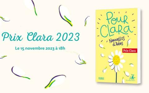 Visuel avec couverture du recueil : fond jaune pâle avec une marguerite et titré Nouvelles d'ados, Pour Clara