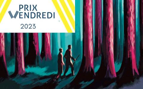 Visuel avec détail de la couverture du livre et logo du prix Vendredi